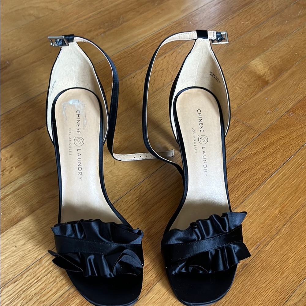 Chinese Laundry Black Heeled Sandals with Ruffle Detail